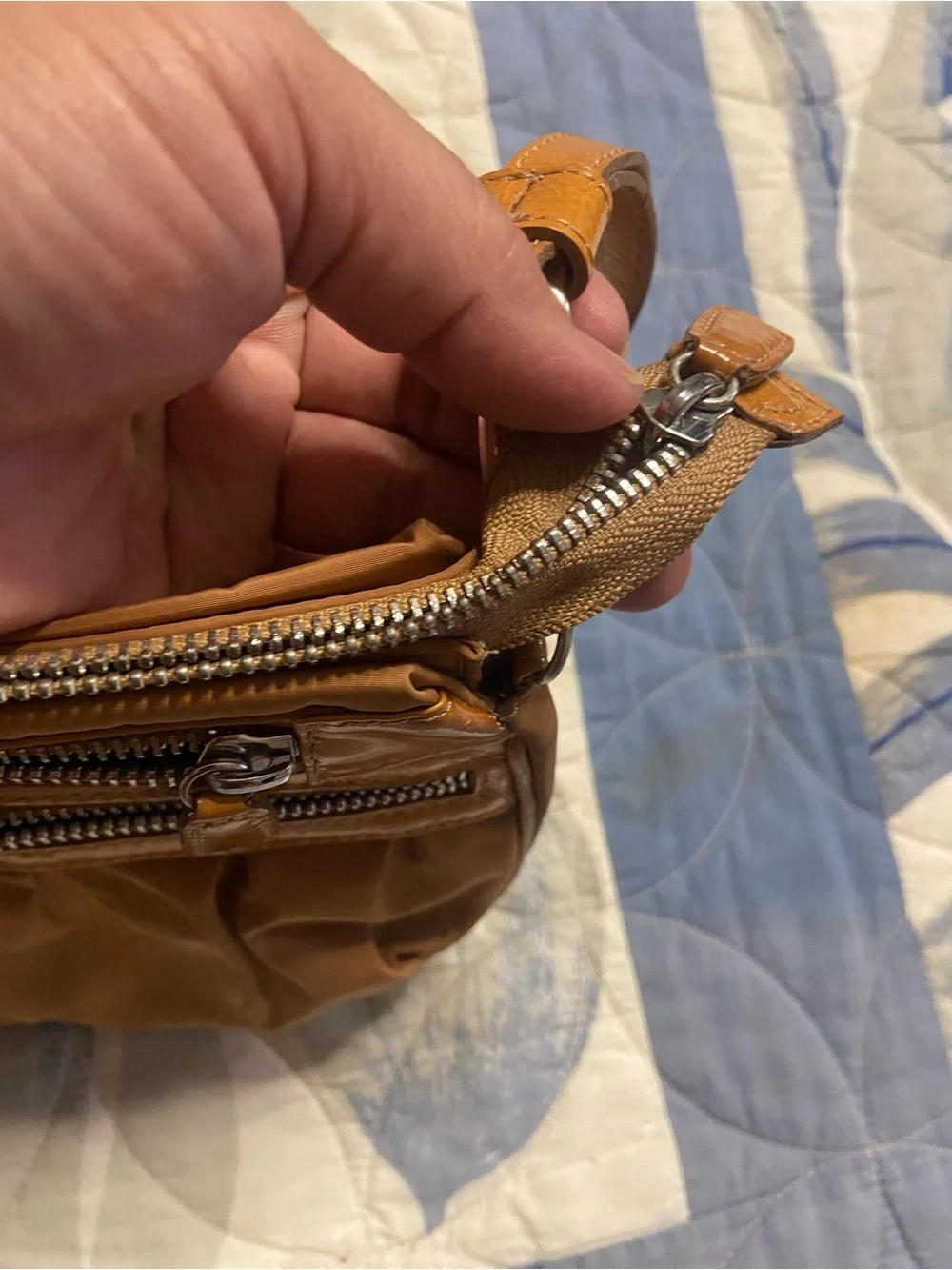 BRIGHTON Golden Brown Patent Leather Trim Nylon Crossbody Bag